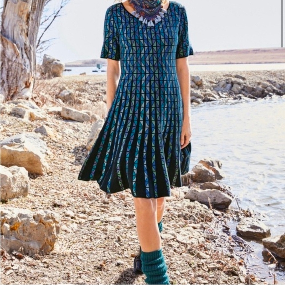 Peruvian Connection Monterrico Pima Cotton Blue Geometric Flared Dress